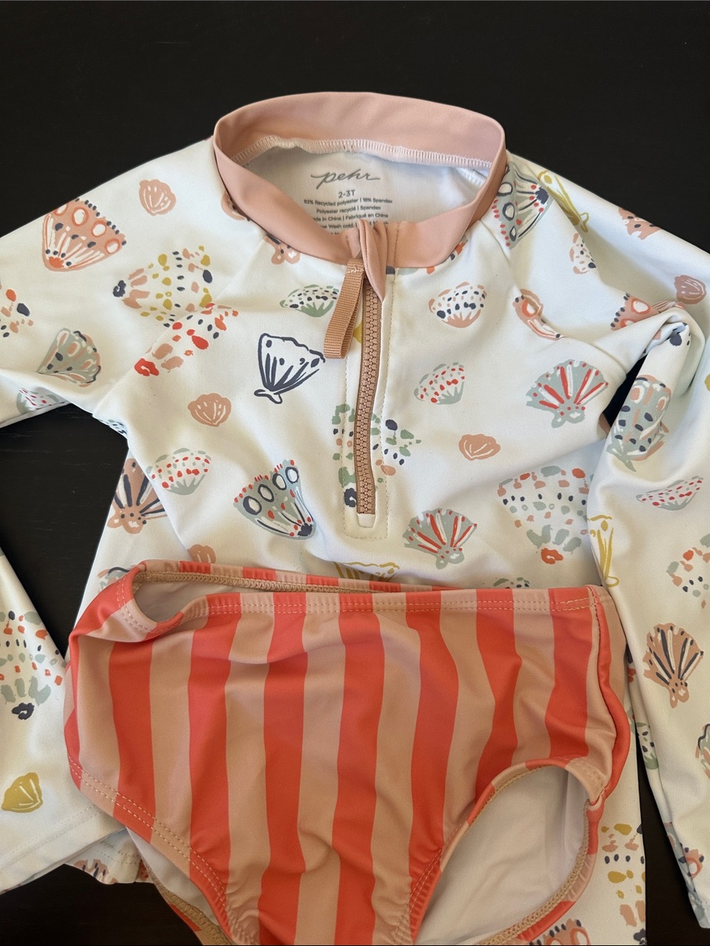 Pehr Kids Long Sleeve Rash Guard Set in Shell Print and Coral Stripe